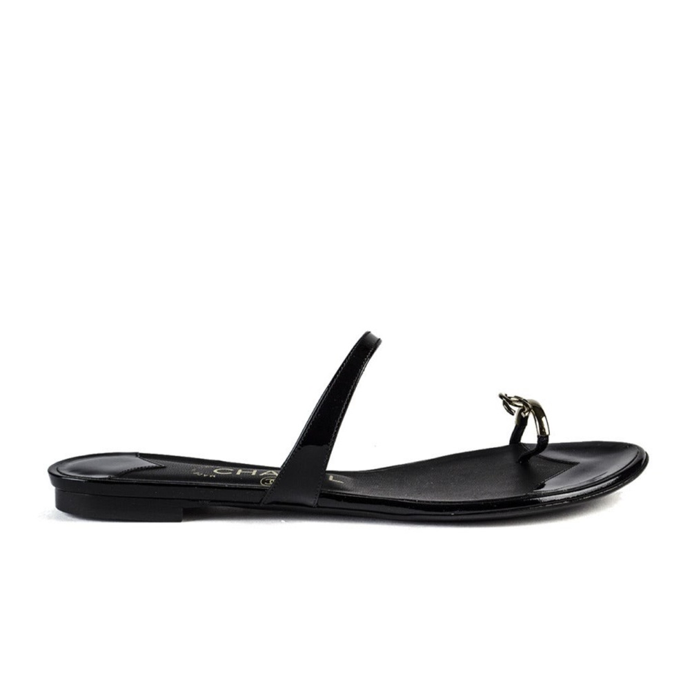 CHANEL Black Patent Leather Slide Sandals - Picture 6 of 12
